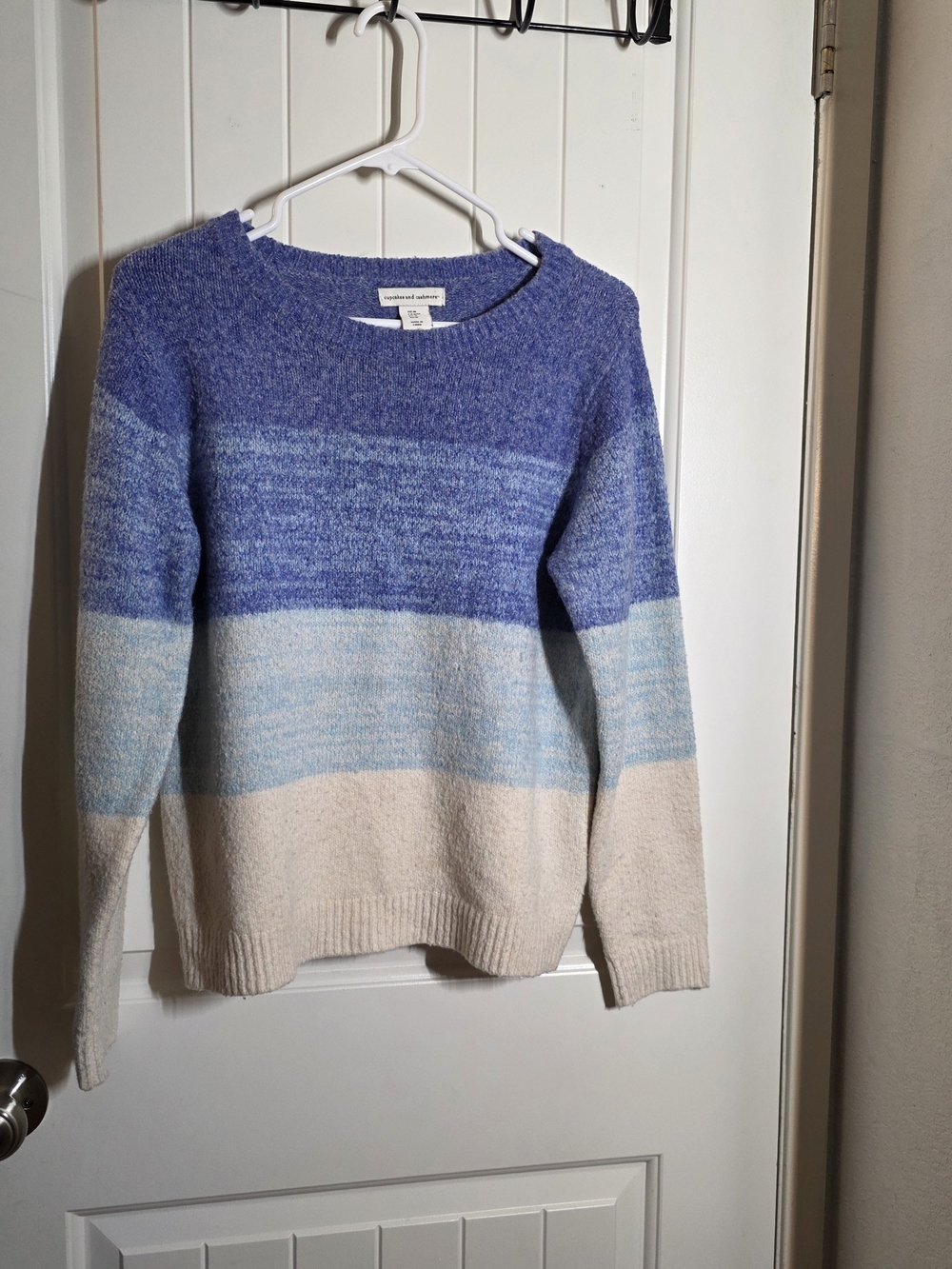 cupcakes & cashmere Blue and Cream Striped Crewneck Sweater